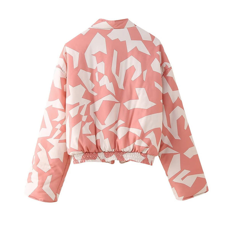 Women's Harajuku Pink & White Abstract Pattern Cotton Jacket - Image 5