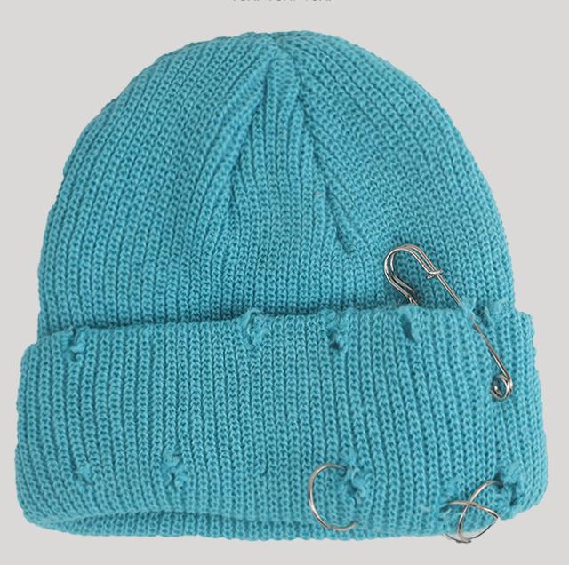 Women's Playful Japanese Knit Beanie Hat with Safety Pins - Image 12