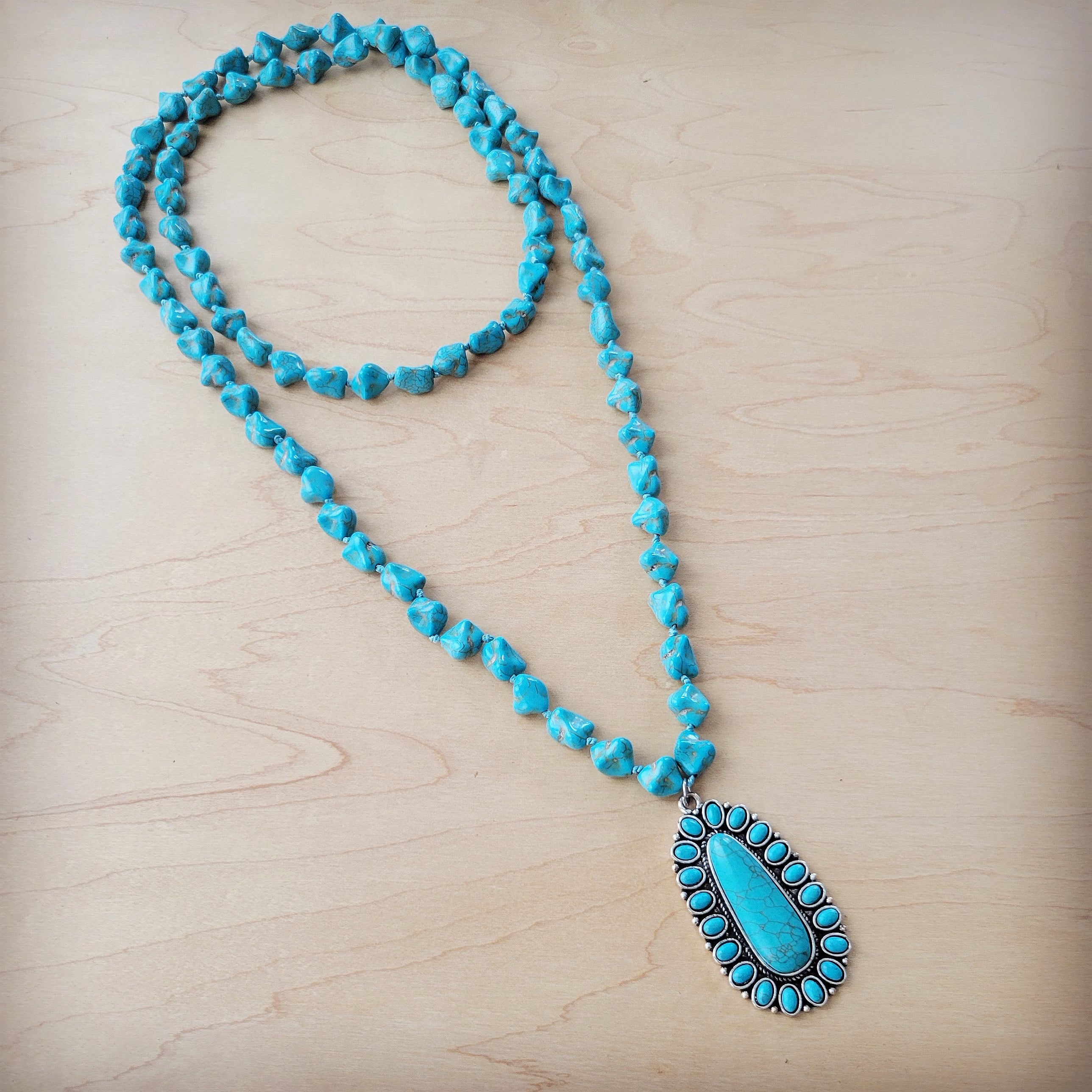 Long Western Turquoise Beaded Necklace w/ Squash Blossom Pendant 261w