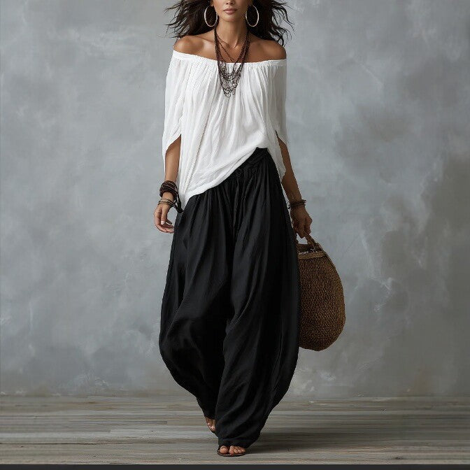 Women's One-Shoulder Cotton Two-Piece Set – Relaxed Wide-Leg Outfit