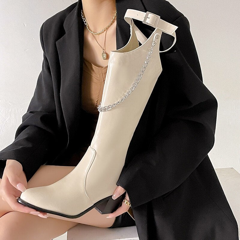 Women's Chic Pointed Toe High Heel Boots with Chain & Buckle - Image 5