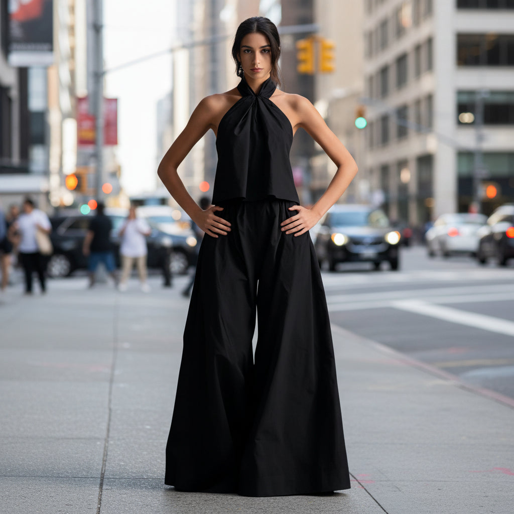 A woman wearing a black halter neck top and matching high-waist wide-leg pants in a city setting.