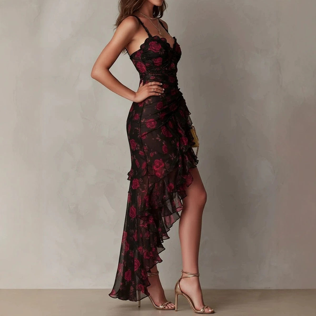 Floral Print A-Line Midi Dress Ruffle Hem High-Waist Sundress