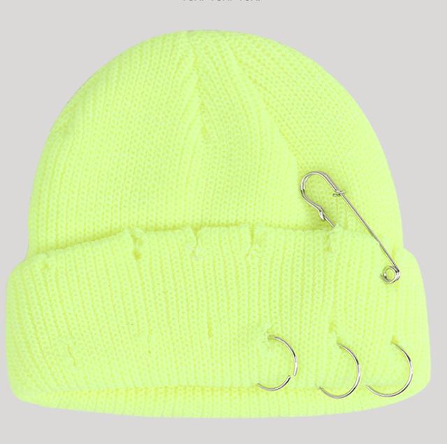 Women's Playful Japanese Knit Beanie Hat with Safety Pins - Image 4