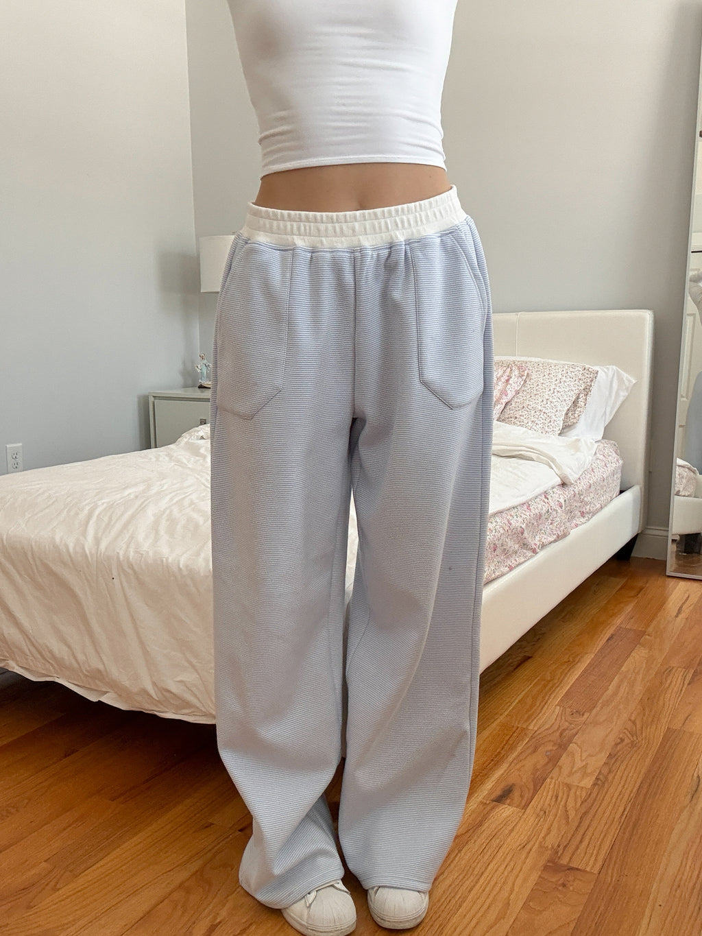 Blue and White Mini Striped Unisex Sweatpants Lounge Bottoms