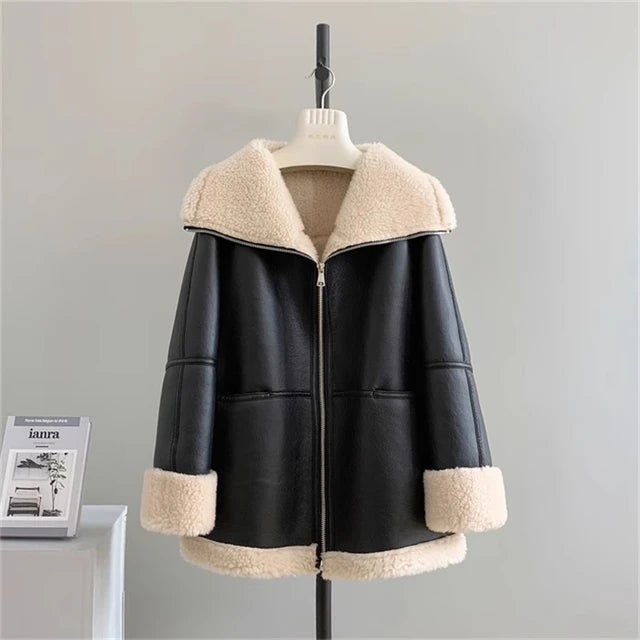 Women's Black Faux Leather Jacket with Cozy Faux Fur Lining - Image 7