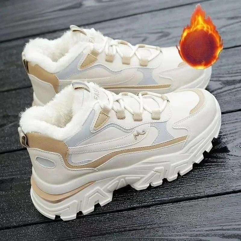 Women's chunky cream white high top sneakers with warm fleece lining