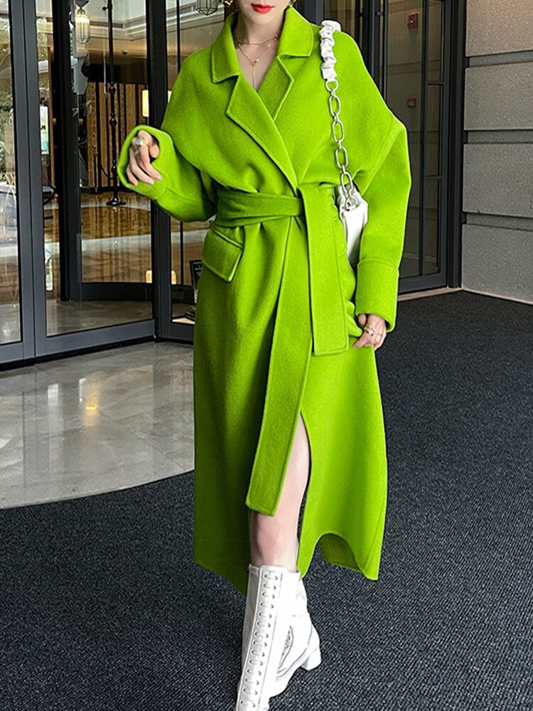 Women's Harajuku Grass Green Wool Blend Belted Overcoat - Image 4