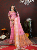 Pink cotton saree with woven zari details and silk blouse