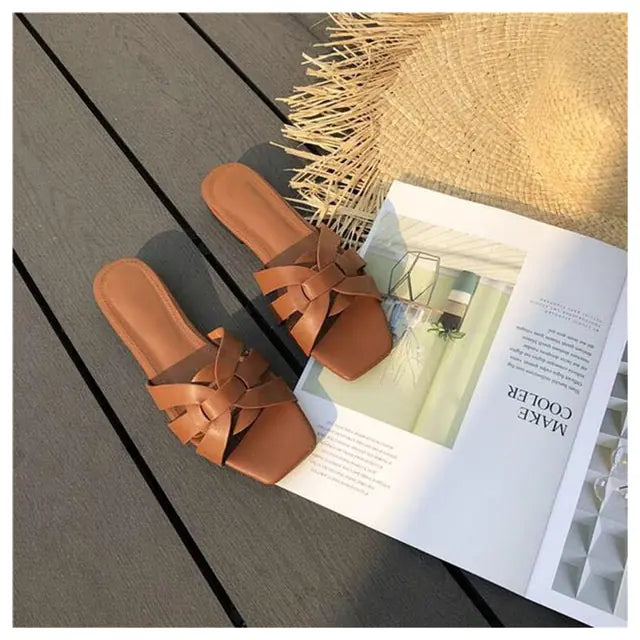 Women's Braided Flat Sandals Open Toe Casual Beach Slides