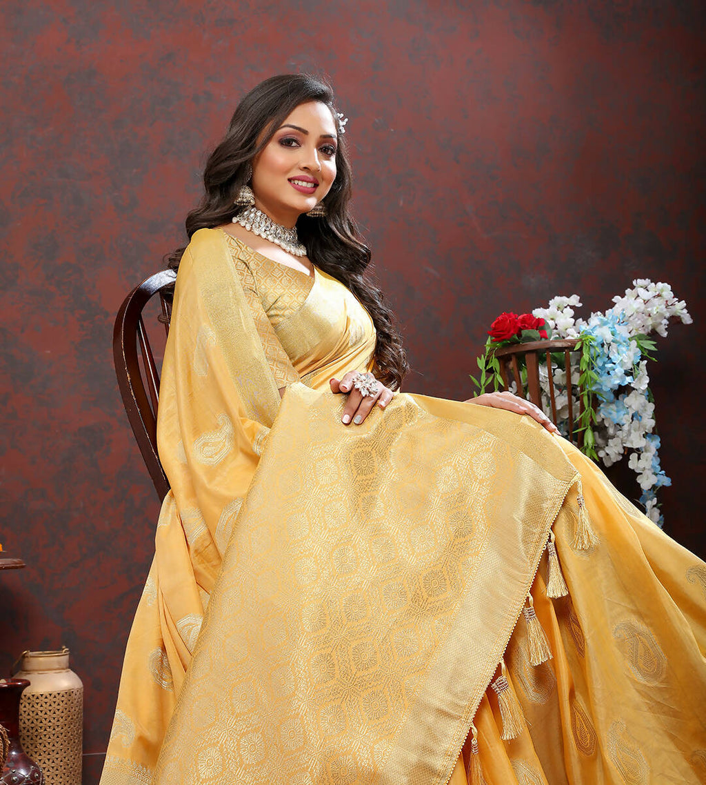 Gold Cotton Woven Saree with Zari Weaving and Silk Blouse Piece
