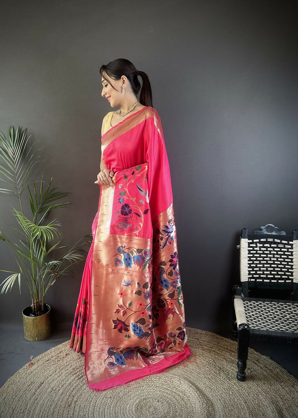 Pink Floral Paithani Saree with Unstitched Blouse Piece