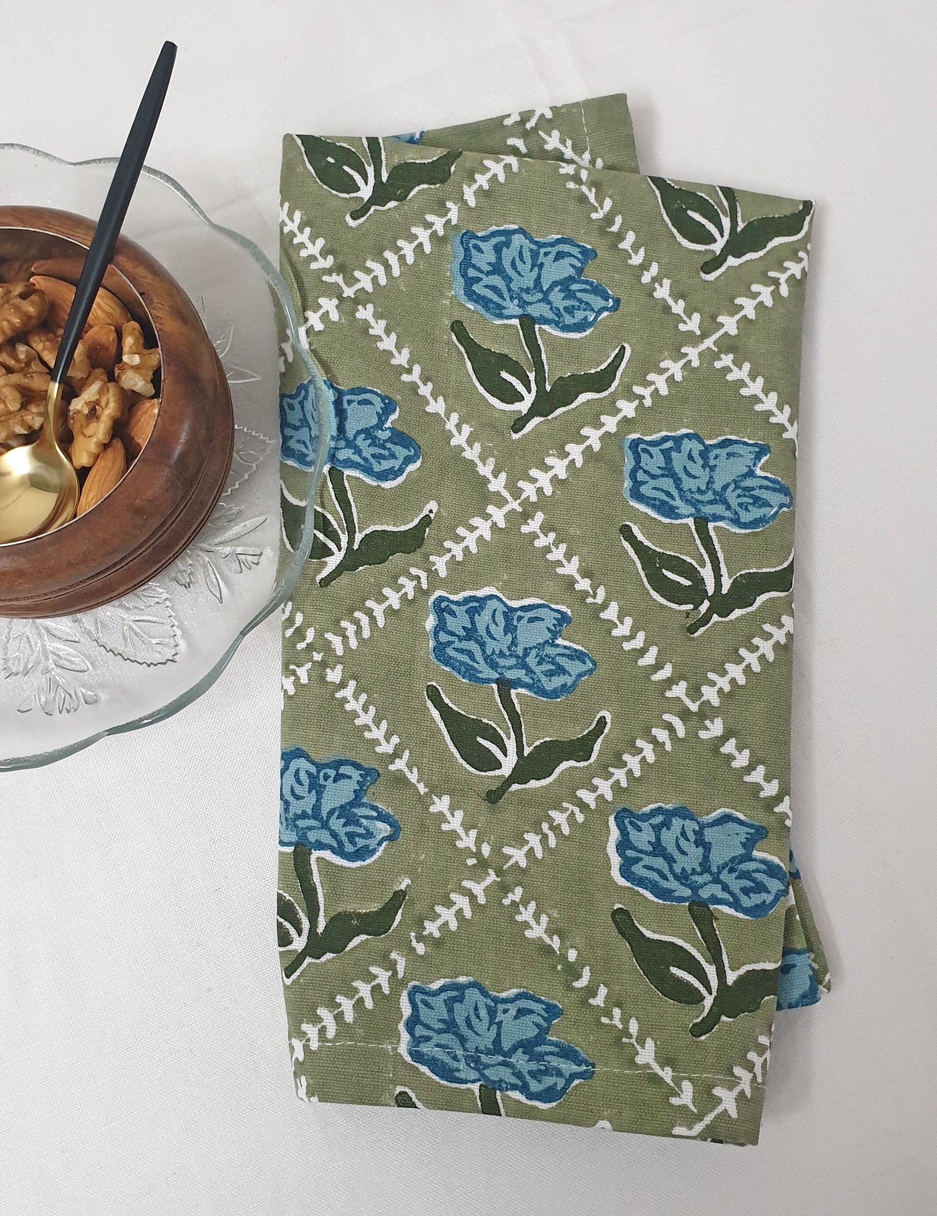 Noor Hand-Block Printed Linen Table Napkins, Olive & Blue Set