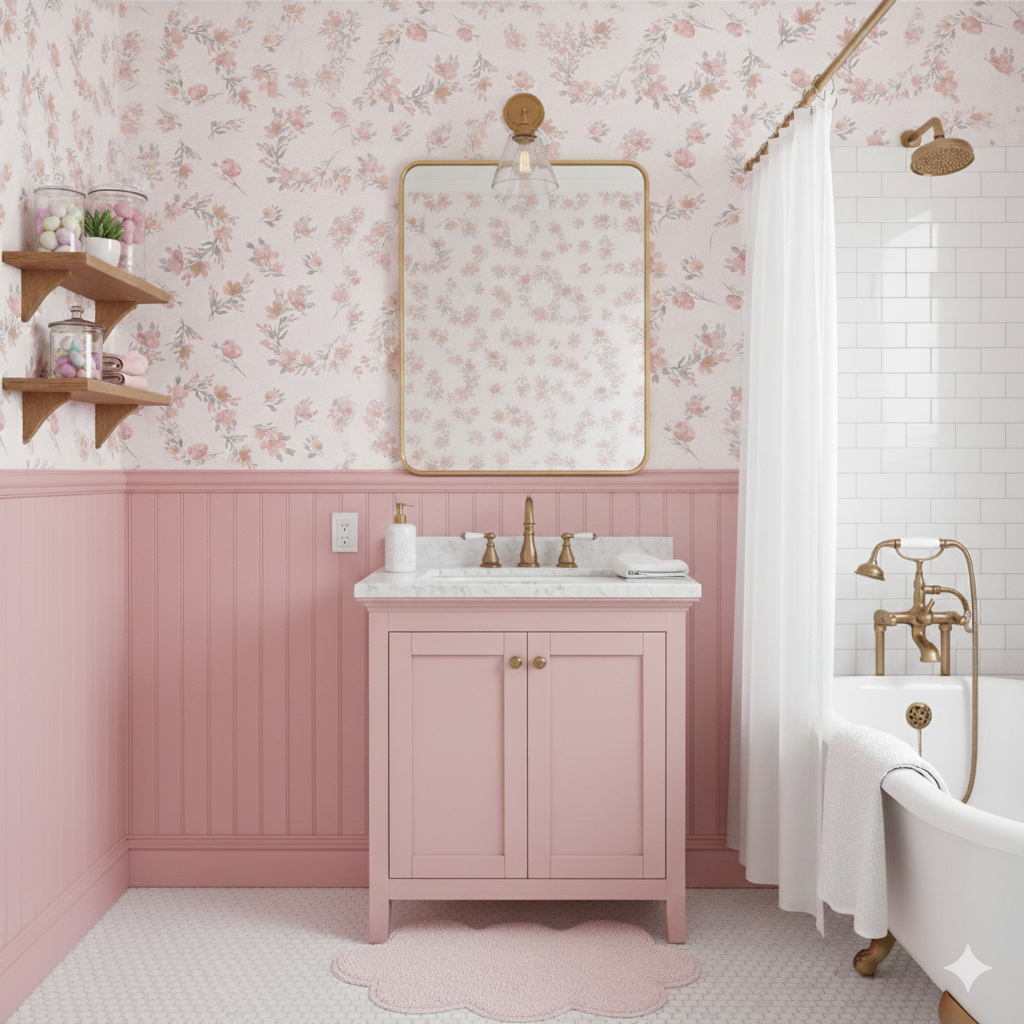 Portia floral wallpaper with pink, cream, and muted-green botanical patterns