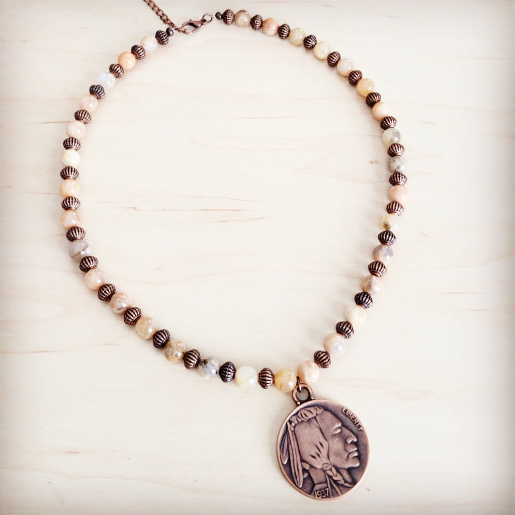 Natural Agate Beaded Necklace with Copper-Tone Indian Head Pendant - Image 2