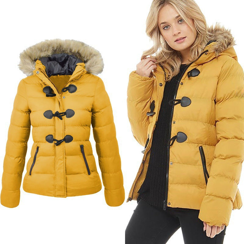 Bright yellow puffer coat with a faux fur-trimmed hood and black horn toggle buttons, shown on a model and as a flat lay.