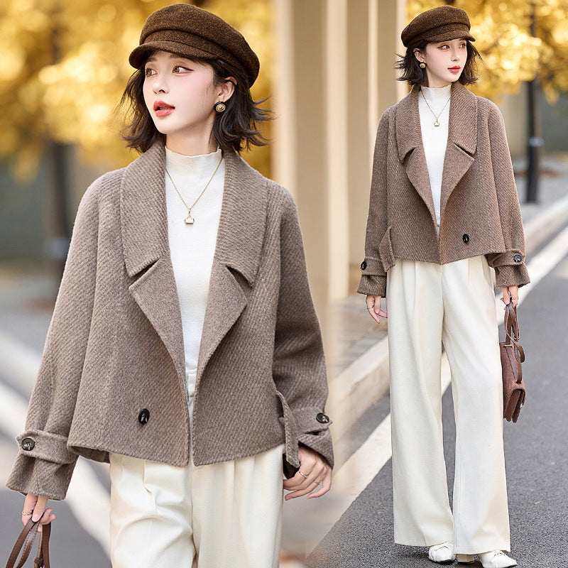 Women's Cropped Double-Sided Woolen Coat in Grey Khaki and Brown - Image 7