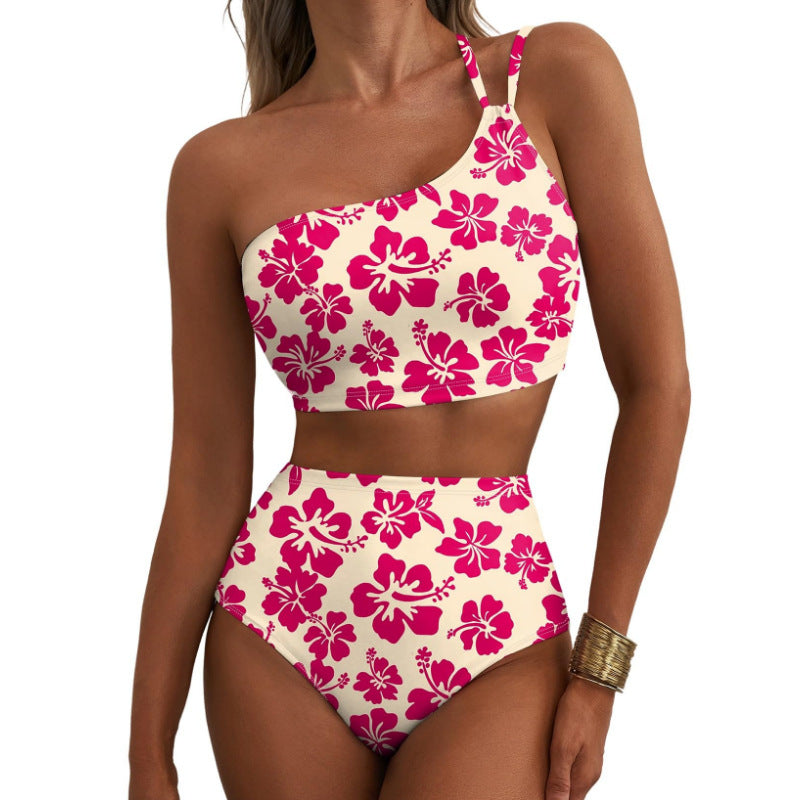 One-Shoulder Floral High-Waisted Bikini Set