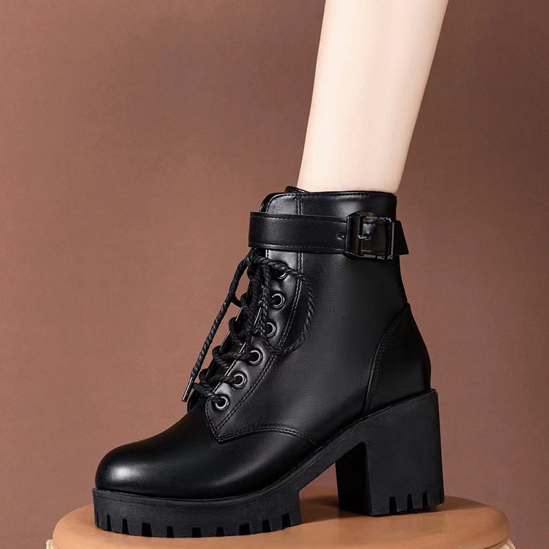 Women's Black Lace-Up Buckle Chunky Platform Combat Boots