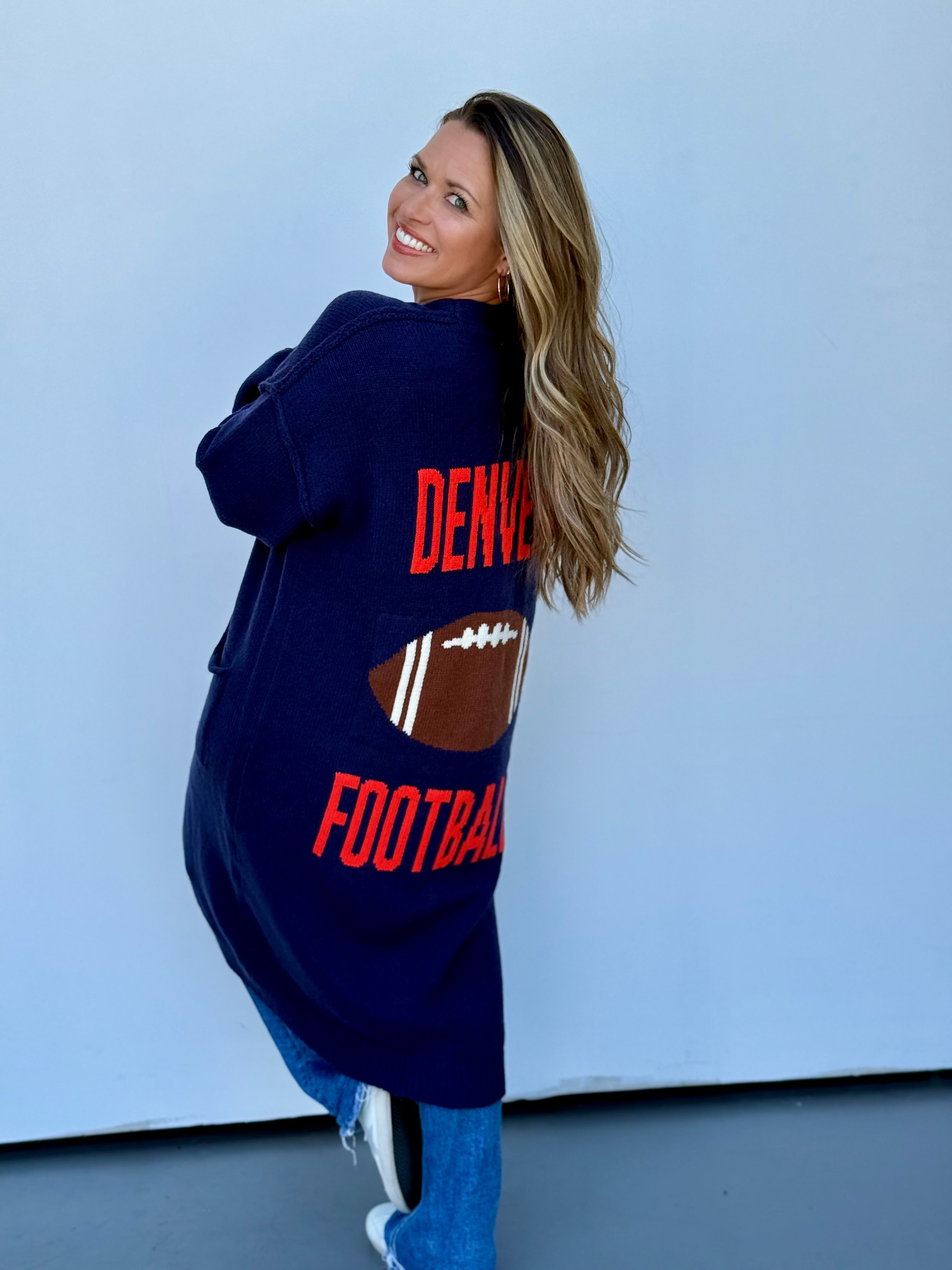 Denver Football Cardigan - Knit Navy Blue Orange Sporty Sweater