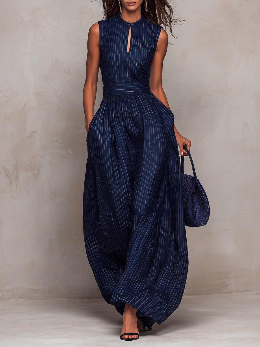 Navy Blue Striped Sleeveless Wide-Leg Jumpsuit - French Style