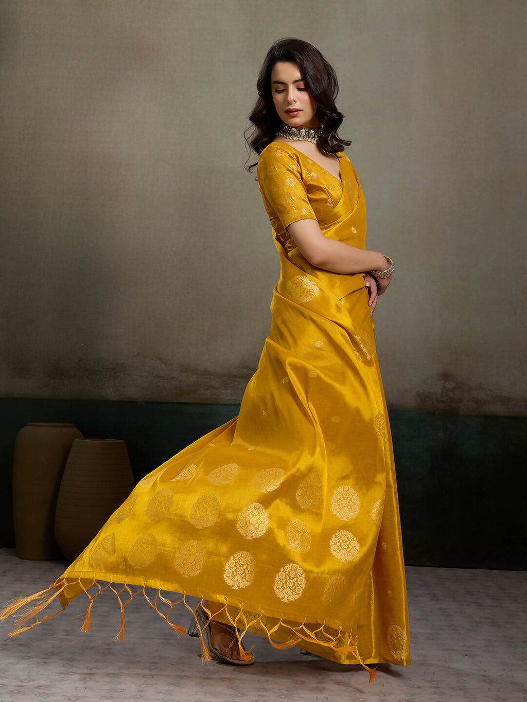 Mustard Yellow Tissue Silk Saree with Matching Blouse