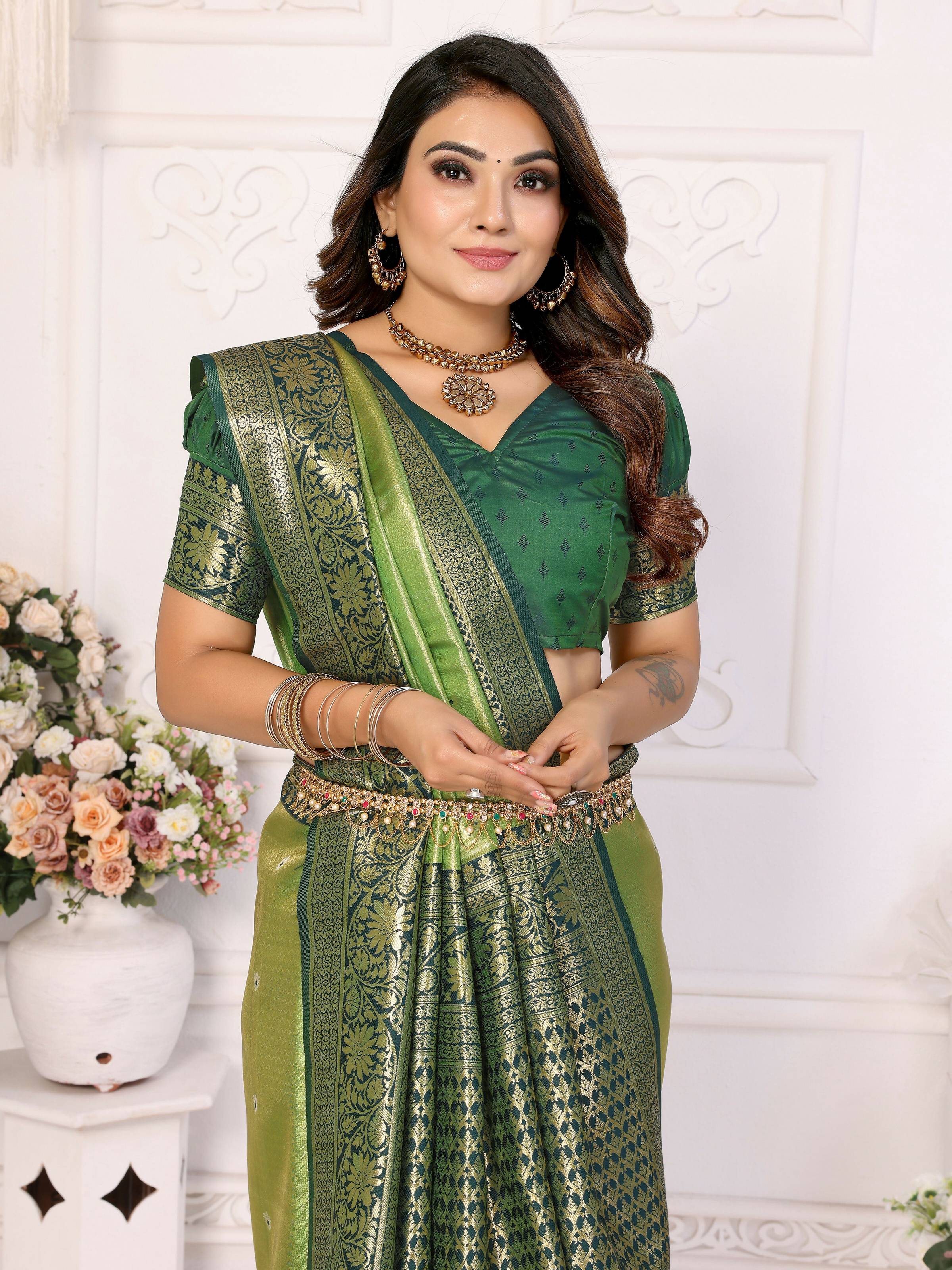 Pista Tissue Silk Weaving Saree Elegant Ethnic Drape