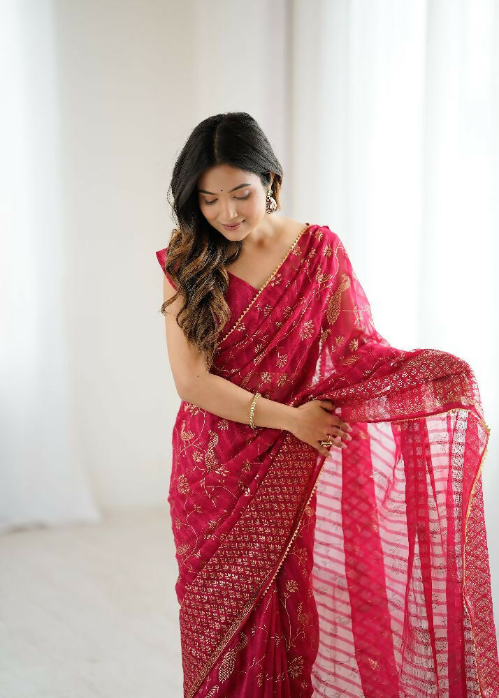 Pink Georgette Saree with Foil Work and Zalar Lace
