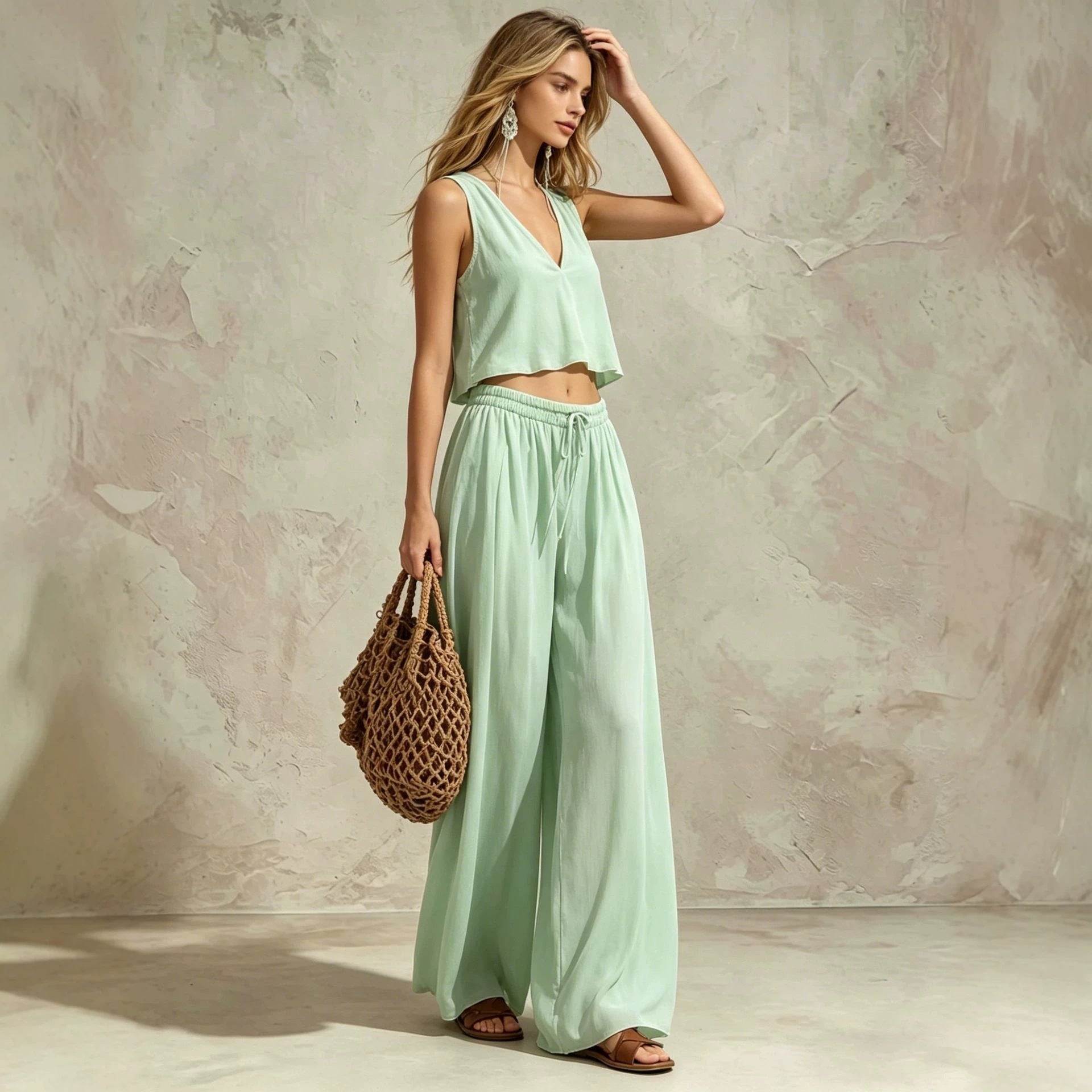 Women's V-Neck Sleeveless Camisole Top and Wide Leg Pants Set