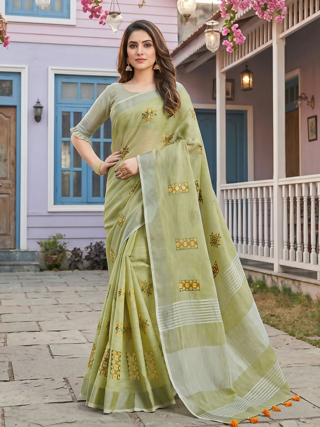 Pista Green Linen saree with a matching blouse fabric, draped elegantly.