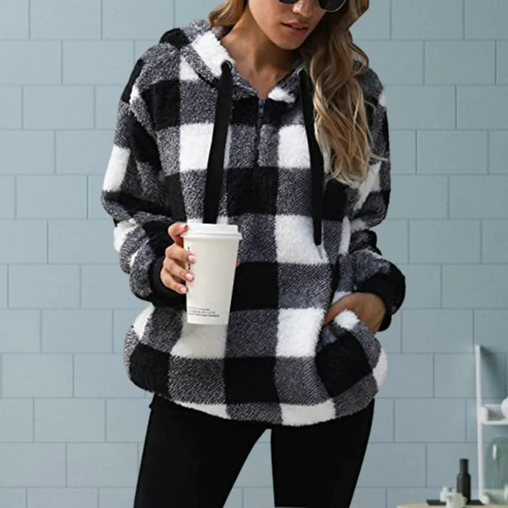 Women's Plush Hoodie with Drawstring - Cozy Comfort