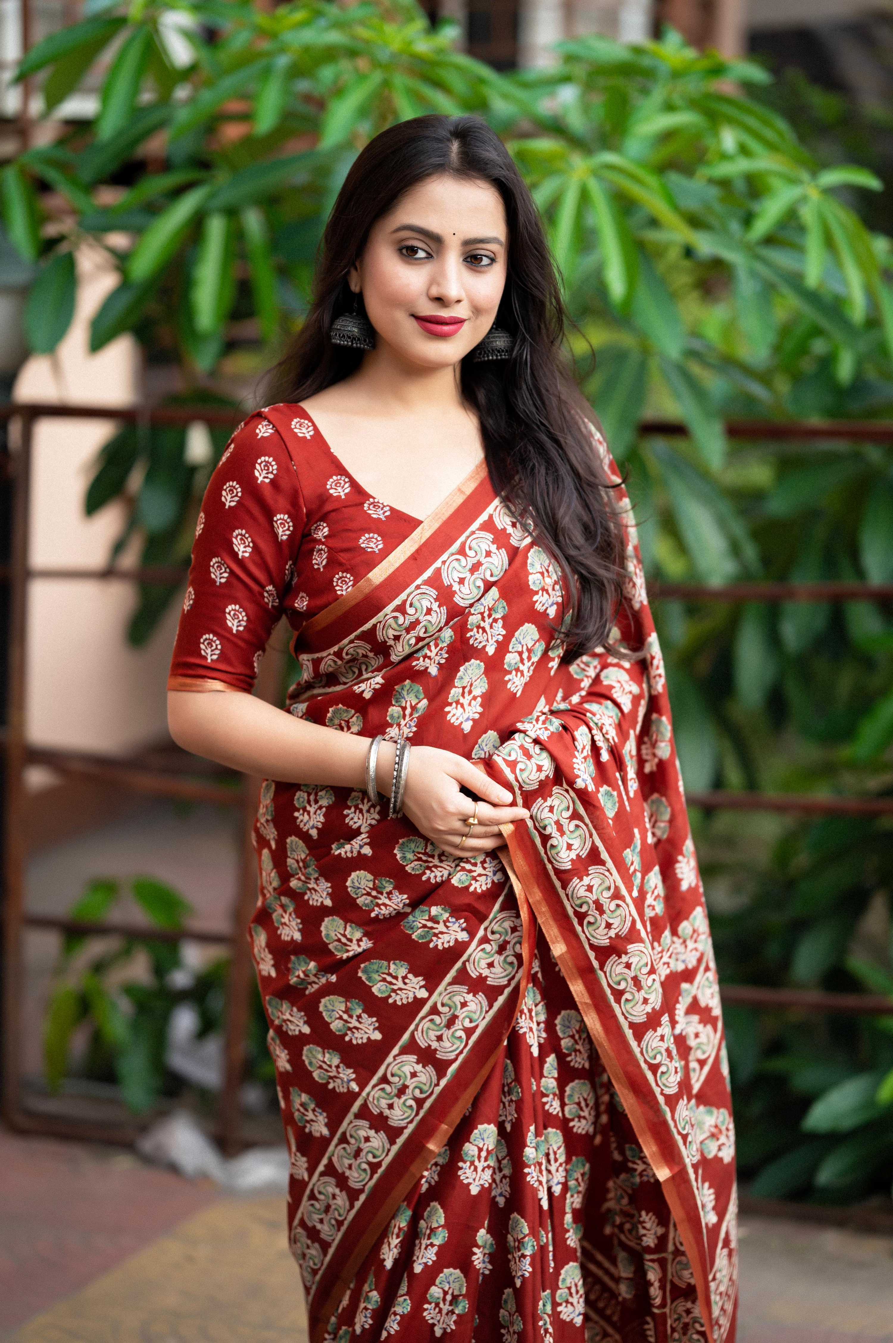 Red Cotton Blend Ajrak Saree with Unstitched Blouse Piece