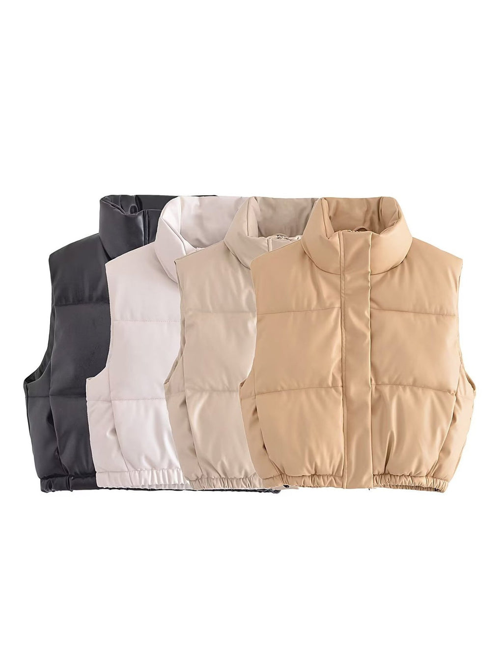 Multiple cropped PU leather puffer vests in black, white, khaki, and apricot with stand-up collars, arranged side-by-side on a white background.