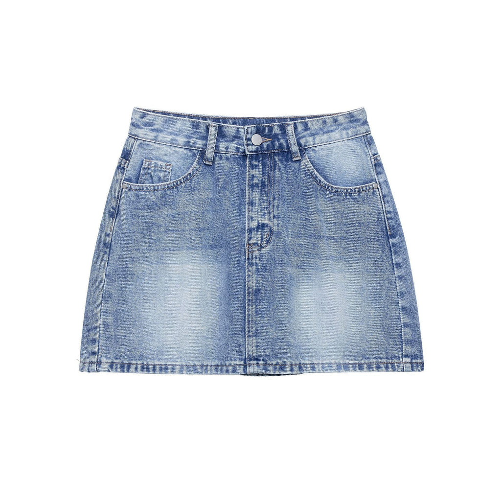 A light blue denim mini skirt shown from front and back views.