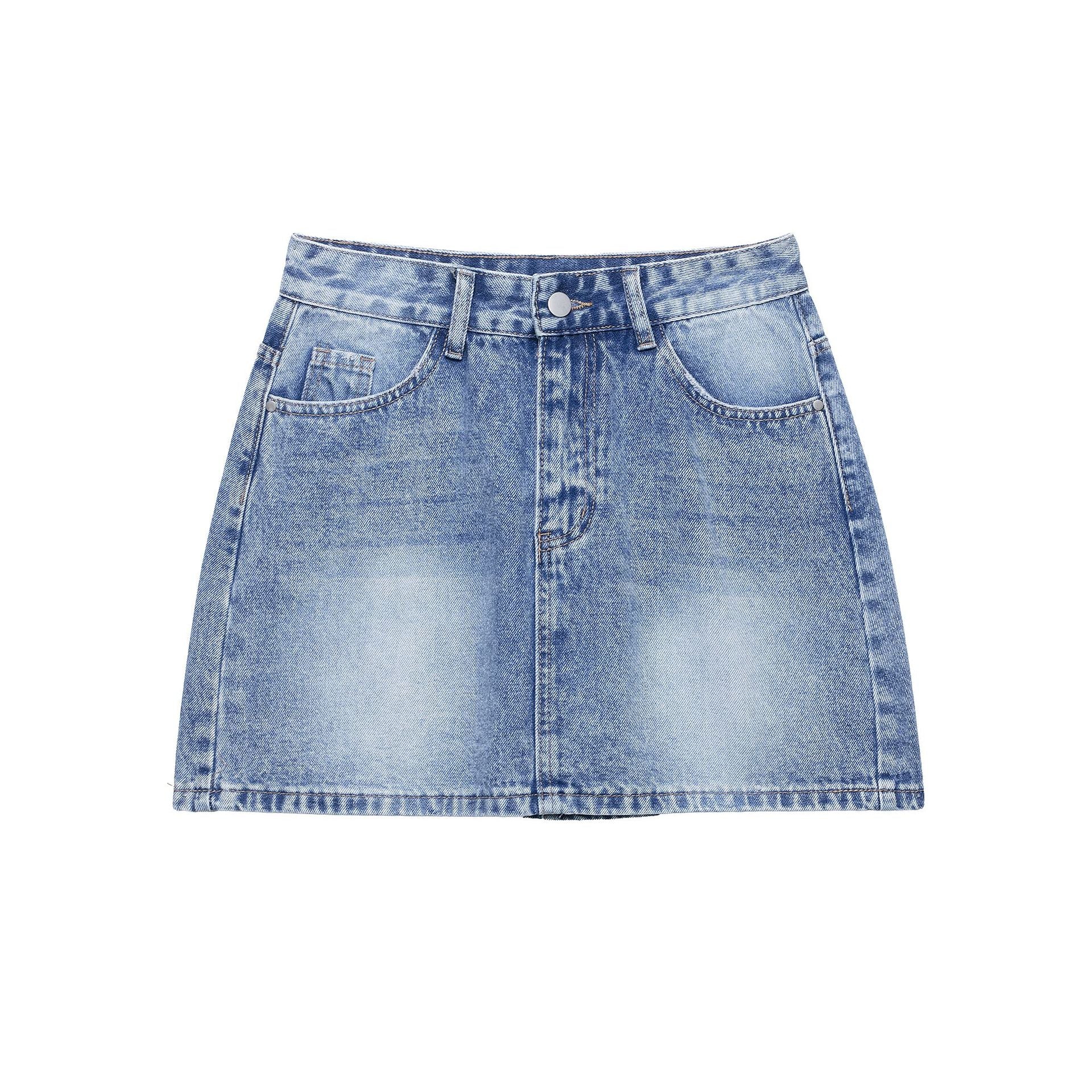 A light blue denim mini skirt shown from front and back views.