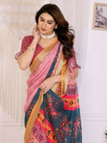 Vibrant orange handloom linen cotton saree featuring traditional zari work