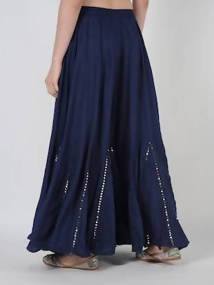 Navy Blue Flared Palazzo Pants with Mirror Lace Work