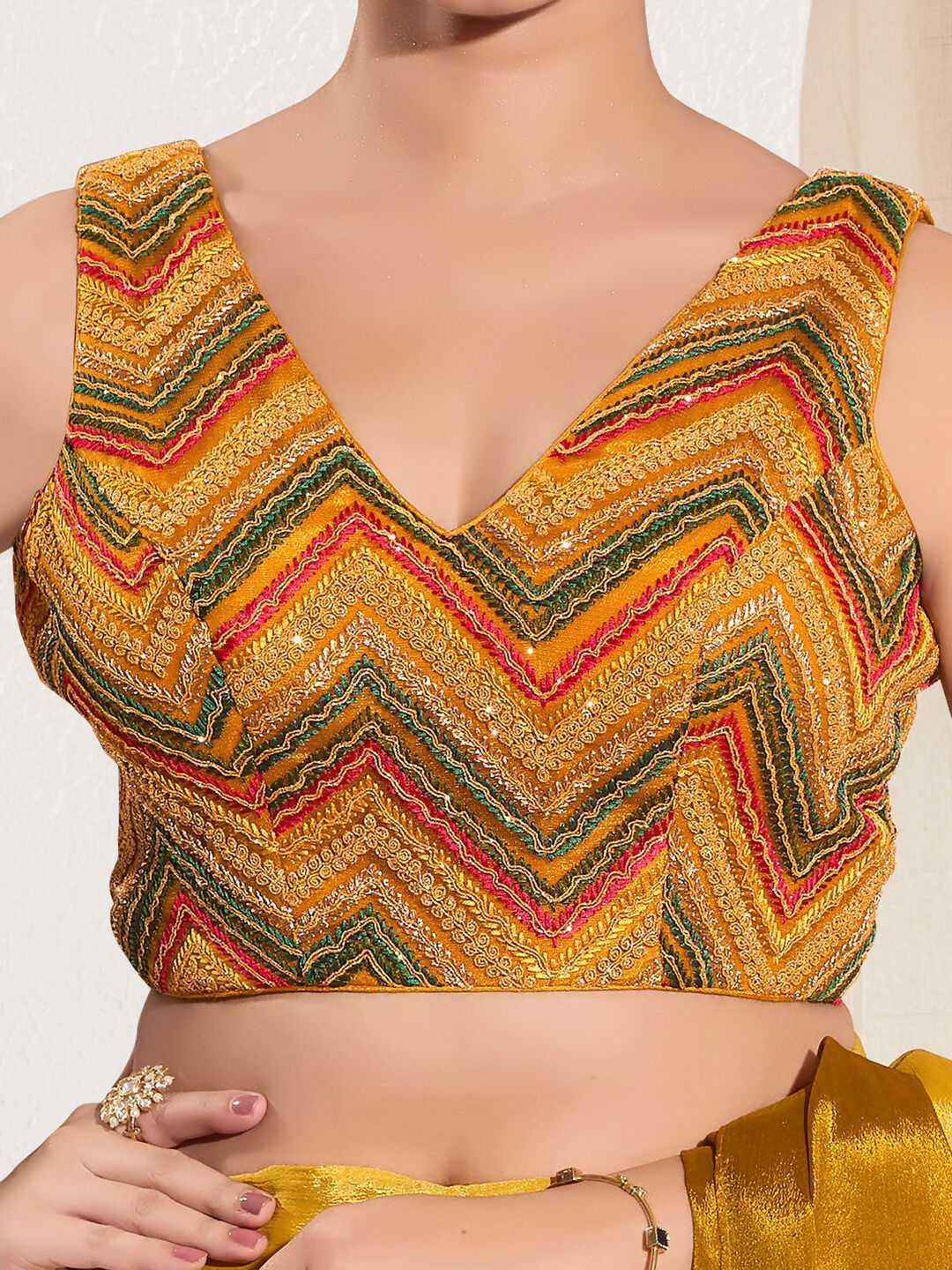 Mustard Net V-Neck Sleeveless Padded Blouse