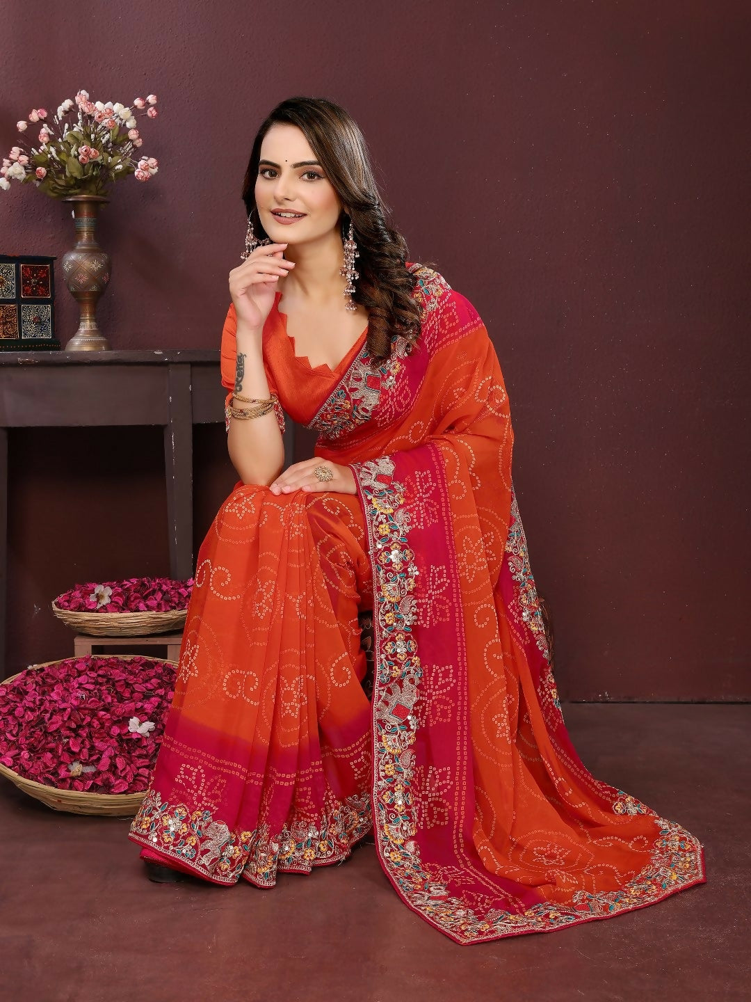 Orange Georgette Digital Print Party Wear Saree