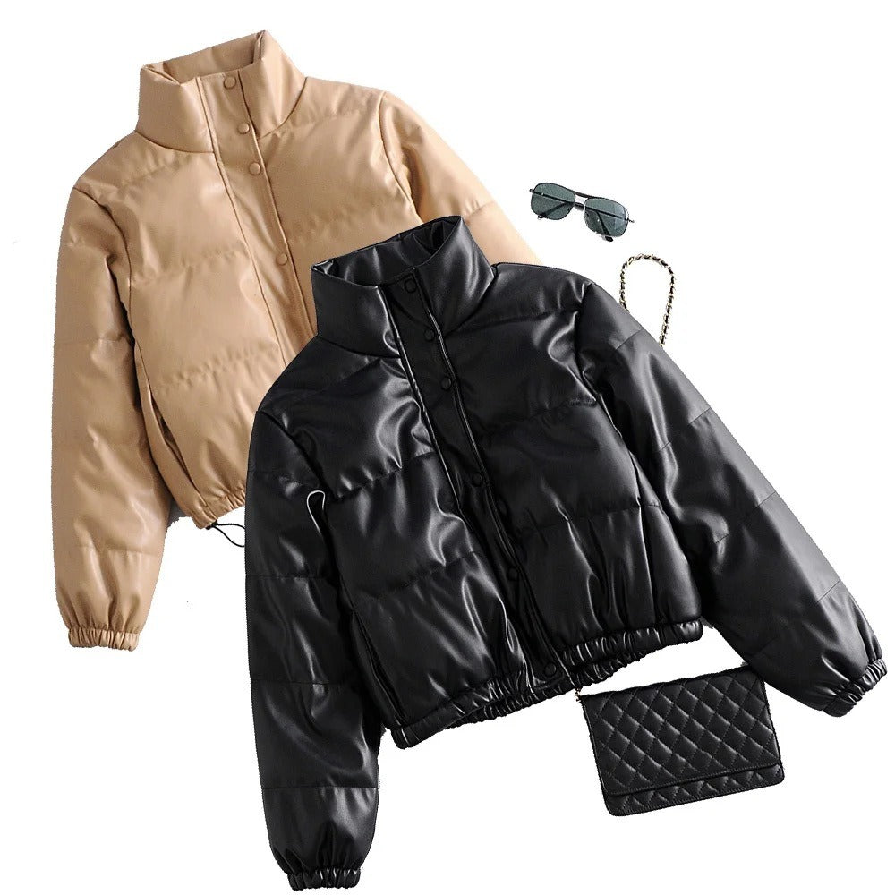 Stylish Women's Tan Faux Leather Puffer Jacket with Stand Collar - Image 5