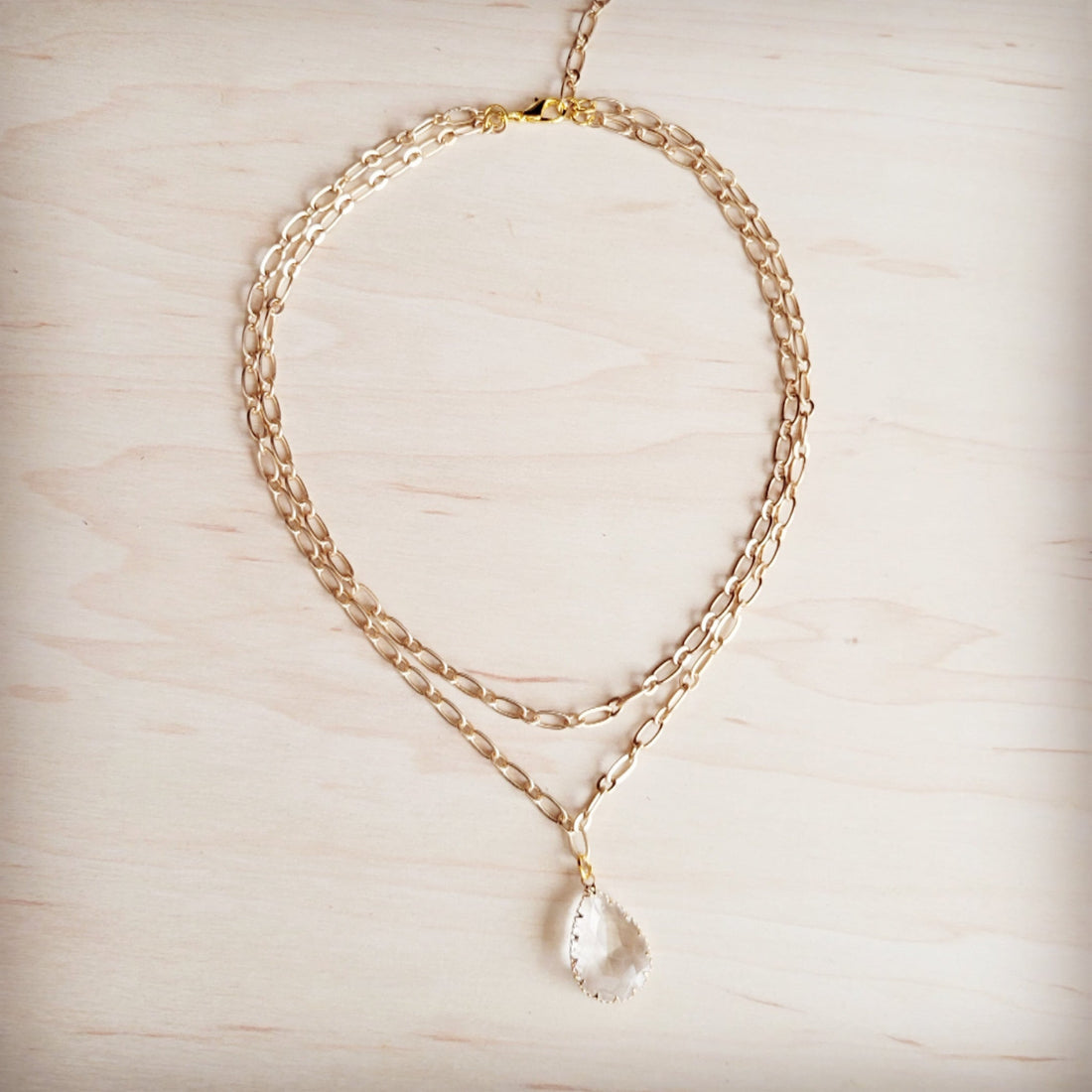 Double Strand Gold Chain Necklace with Teardrop Pendant