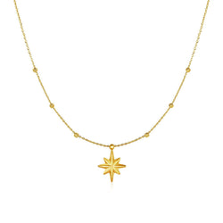 14k Yellow Gold Necklace with Eight Pointed Star and Beads
