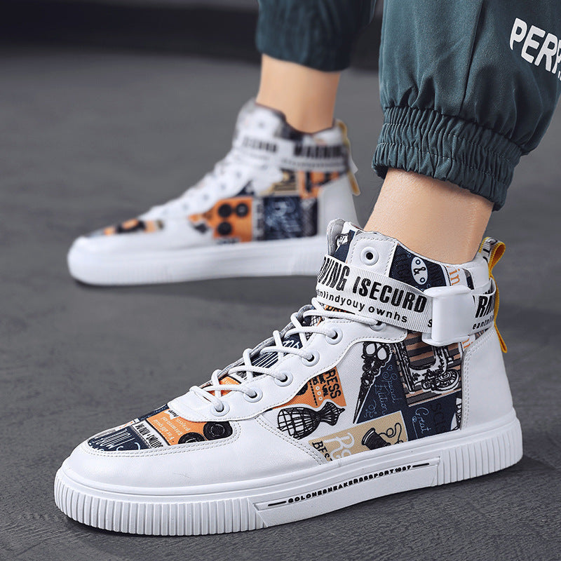 White Multi-Color Harajuku High-Top Graphic Print Sneakers