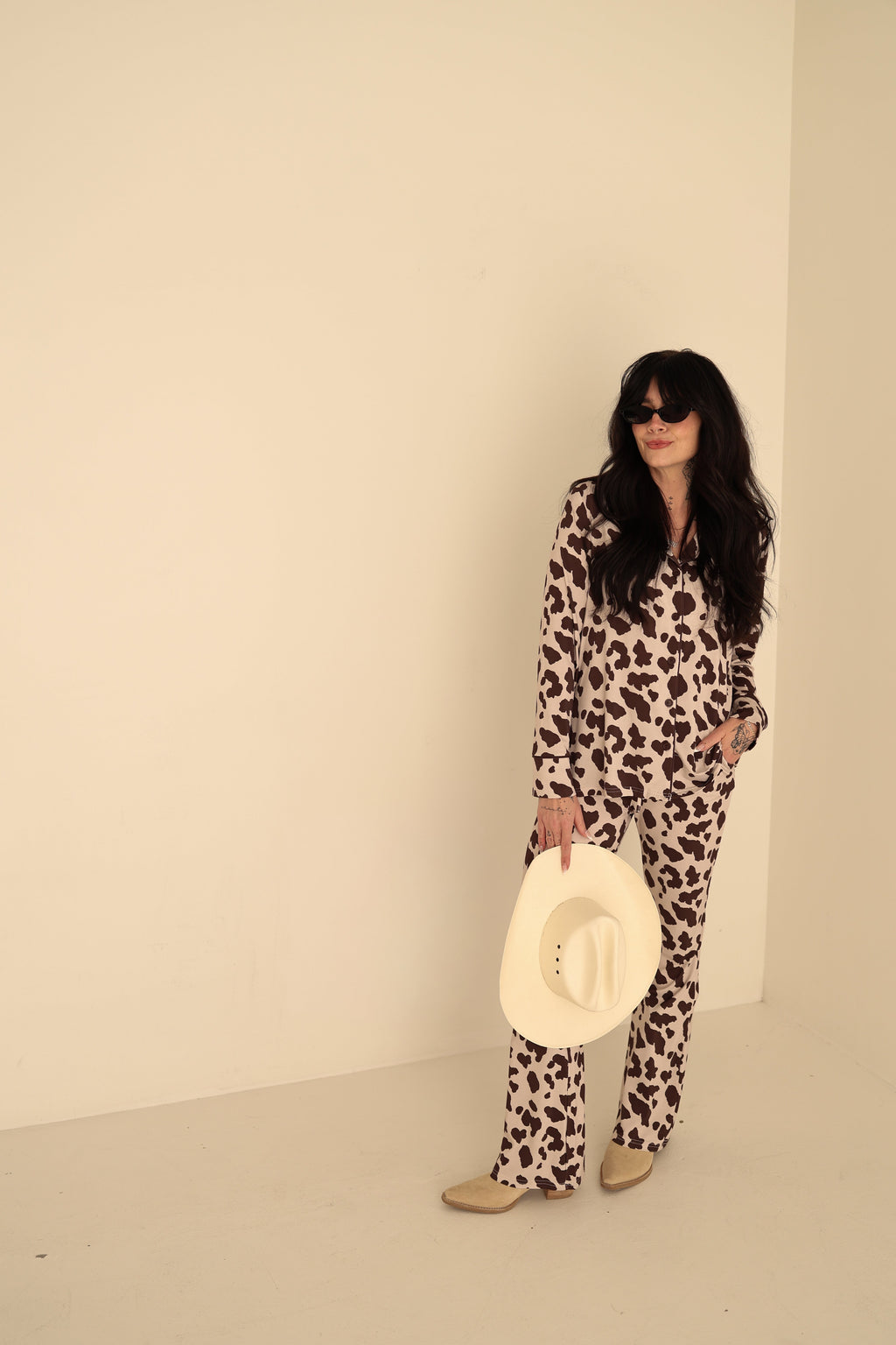 Women's Bamboo Cow Print Button Up Lounge Set in Cream and Brown