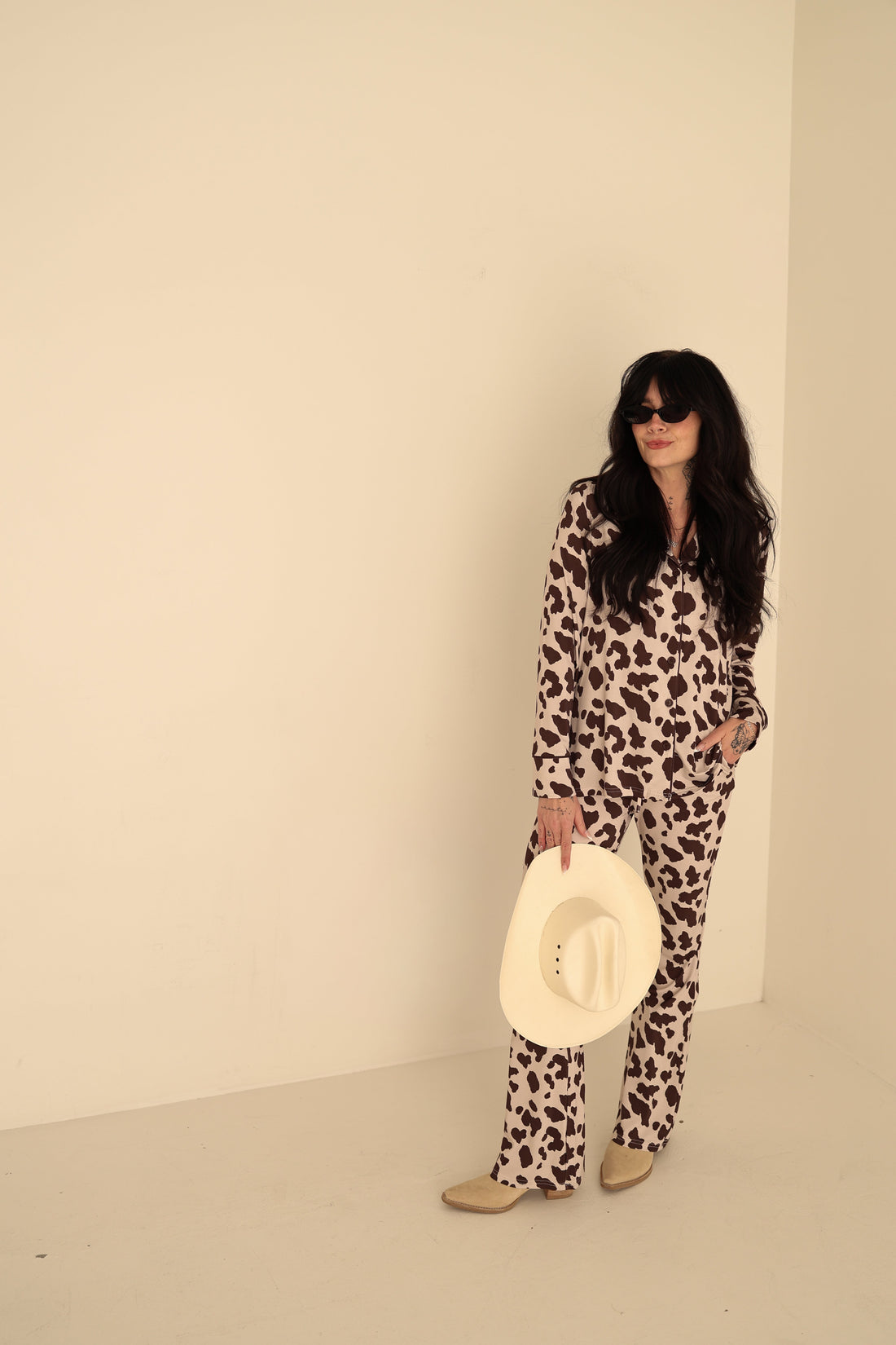 Women's Bamboo Cow Print Button Up Lounge Set in Cream and Brown