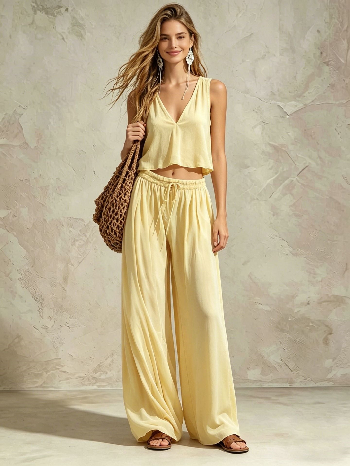 Women's V-Neck Sleeveless Camisole Top and Wide Leg Pants Set