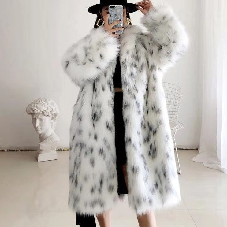 Women White Leopard Faux Fur Long Jacket Harajuku Style Coat - Image 4