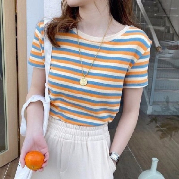 Women Striped Slim Fit Short Sleeve Casual Tee Shirt Top - Image 8