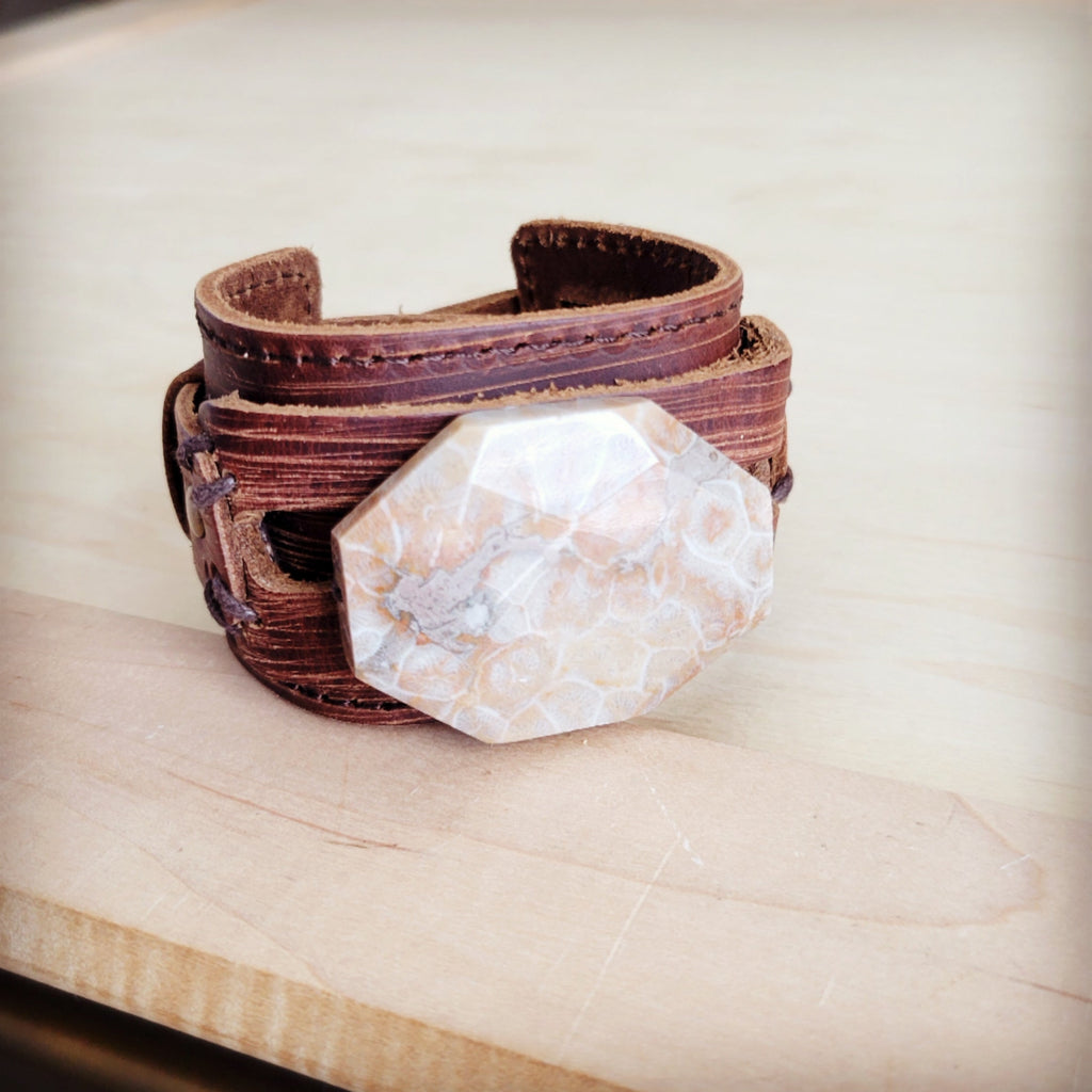 Fossil Corral Stone Wide Leather Cuff Bracelet with Snap Closure - Image 2