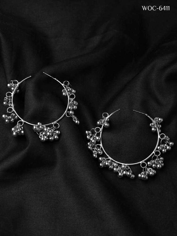 Oxidised Silver Parrot Hoops and Ghungroo Bali Combo Earrings